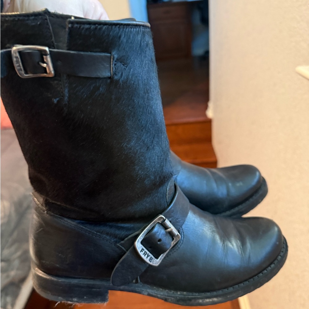 Frye Black Leather Buckle Ankle Boots with Calf Hair Uppers